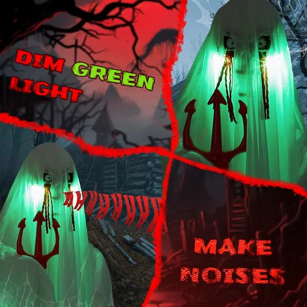 👻 Hauntique™ 4.3ft Sound-Activated Ghost with Trident & Green Lights – Animated Halloween Yard Prop