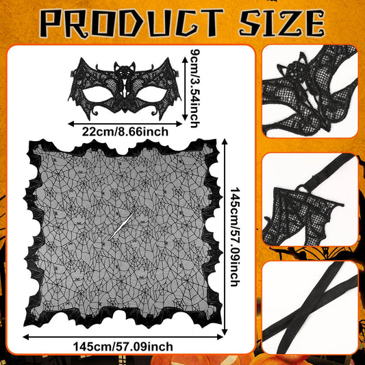 2PCS Halloween Poncho for Women – Black Bat & Spider Web Cape with Lace Masquerade Mask | Hauntique™