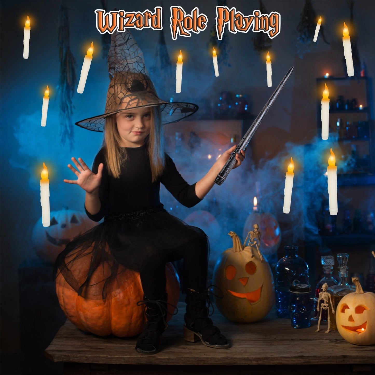 ✨ 12 Floating LED Magic Candles – Remote-Controlled Hanging Lights with Magic Wand