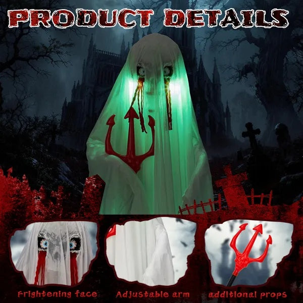 👻 Hauntique™ 4.3ft Sound-Activated Ghost with Trident & Green Lights – Animated Halloween Yard Prop