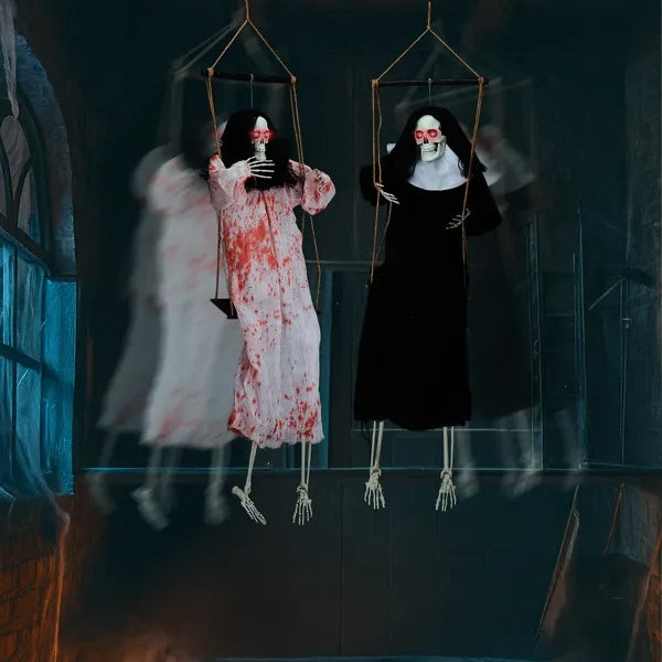 👻 Hauntique™ 2PCS Hanging Ghosts with LED Eyes & Screaming Sound – 3ft Halloween Outdoor Decoration