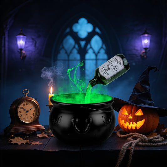 Floating Potion Bottles with Witch Cauldron &amp; LED Mist Maker – Spooky Vintage Halloween Decor 