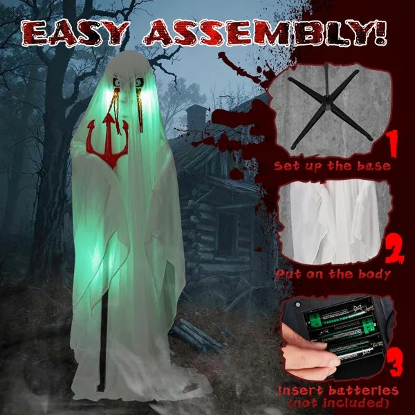 👻 Hauntique™ 4.3ft Sound-Activated Ghost with Trident & Green Lights – Animated Halloween Yard Prop