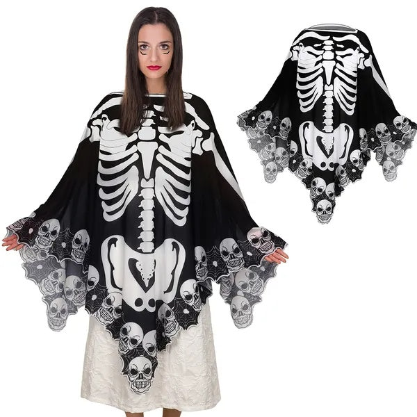 Halloween Skeleton Poncho – Skull & Bones Lace Cape Shawl | Hauntique™,