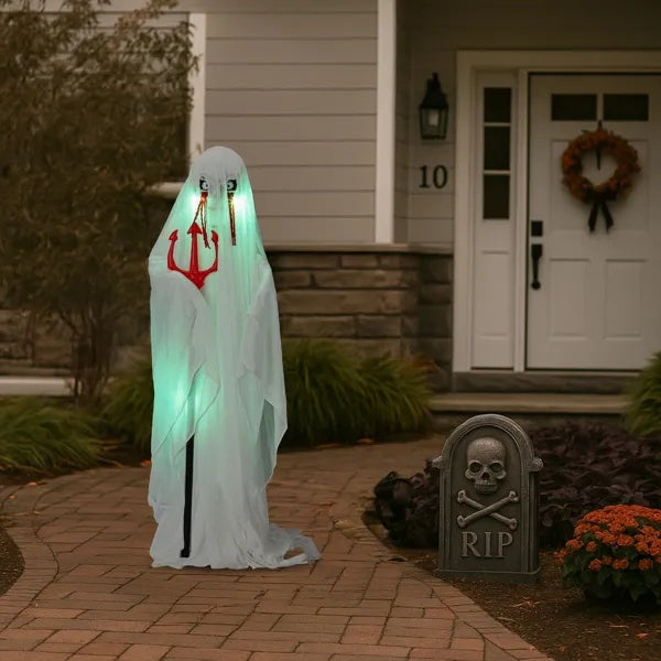 👻 Hauntique™ 4.3ft Sound-Activated Ghost with Trident & Green Lights – Animated Halloween Yard Prop