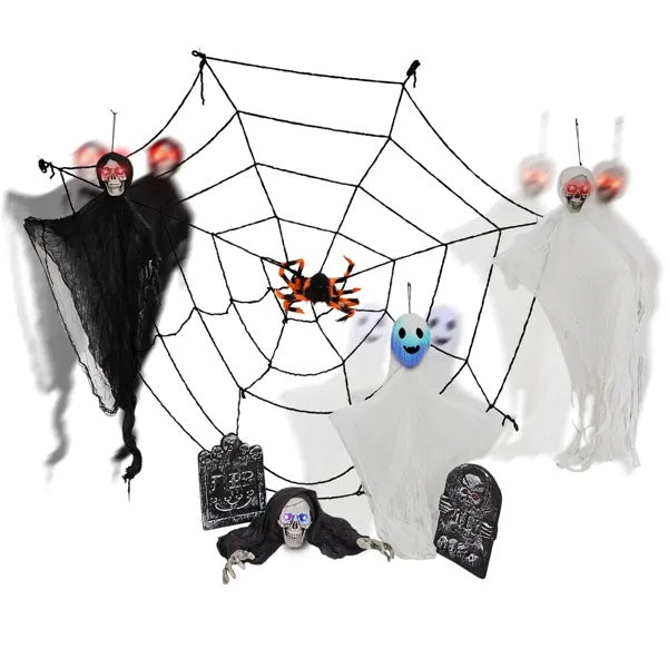 👻 Hauntique™ 8PCS Outdoor Halloween Set – Hanging Ghosts, Webs & Tombstones with LED Eyes