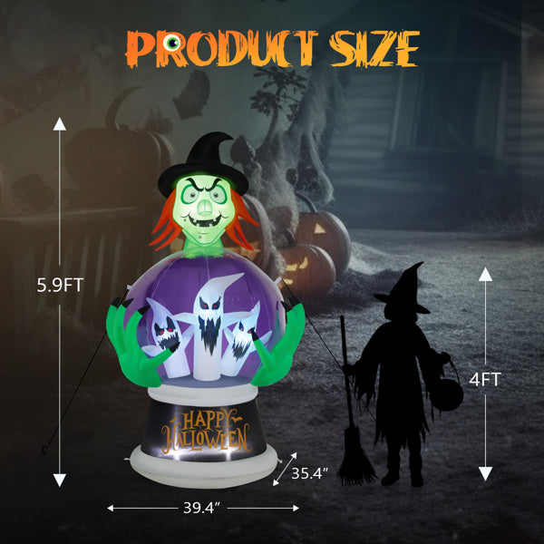 🔮 Hauntique™ 5.9ft Inflatable Witch with Crystal Ball – LED Halloween Outdoor Decoration