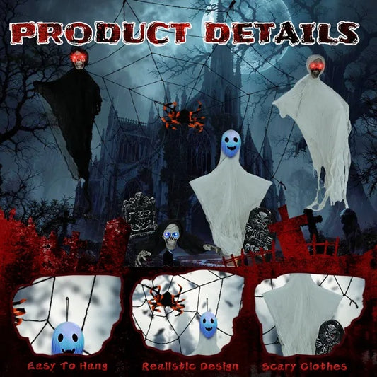 👻 Hauntique™ 8PCS Outdoor Halloween Set – Hanging Ghosts, Webs & Tombstones with LED Eyes
