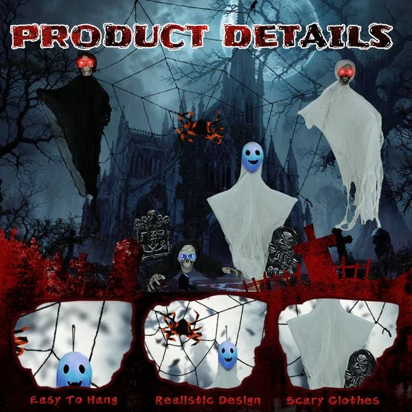 👻 Hauntique™ 8PCS Outdoor Halloween Set – Hanging Ghosts, Webs & Tombstones with LED Eyes
