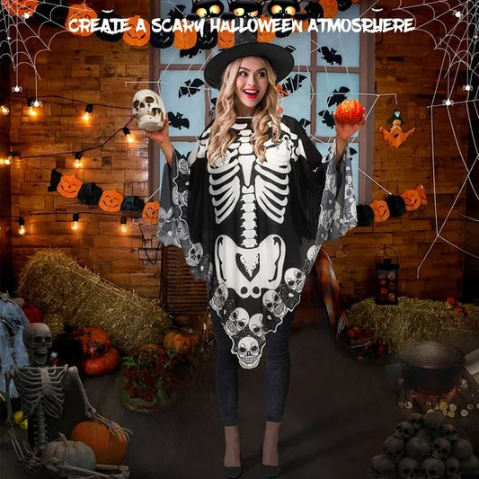 Halloween Skeleton Poncho – Skull & Bones Lace Cape Shawl | Hauntique™,