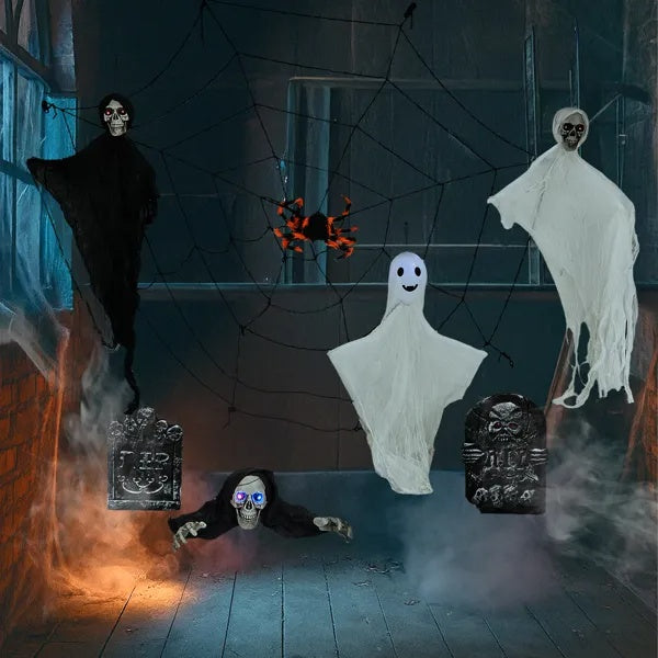 👻 Hauntique™ 8PCS Outdoor Halloween Set – Hanging Ghosts, Webs & Tombstones with LED Eyes