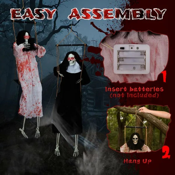 👻 Hauntique™ 2PCS Hanging Ghosts with LED Eyes & Screaming Sound – 3ft Halloween Outdoor Decoration