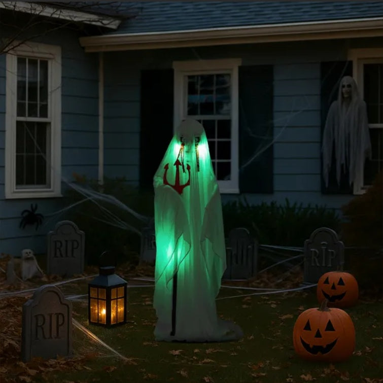 👻 Hauntique™ 4.3ft Sound-Activated Ghost with Trident & Green Lights – Animated Halloween Yard Prop