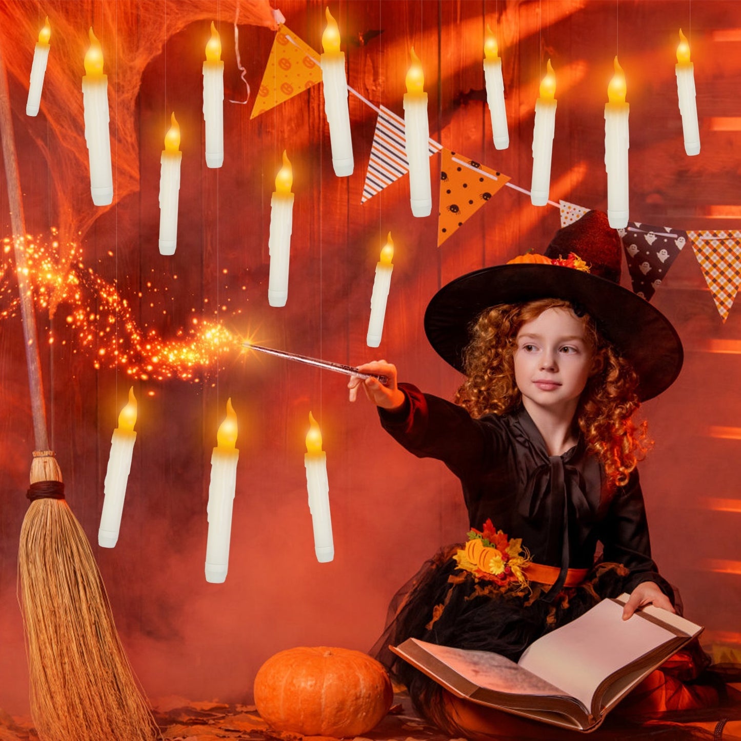 ✨ 12 Floating LED Magic Candles – Remote-Controlled Hanging Lights with Magic Wand 
