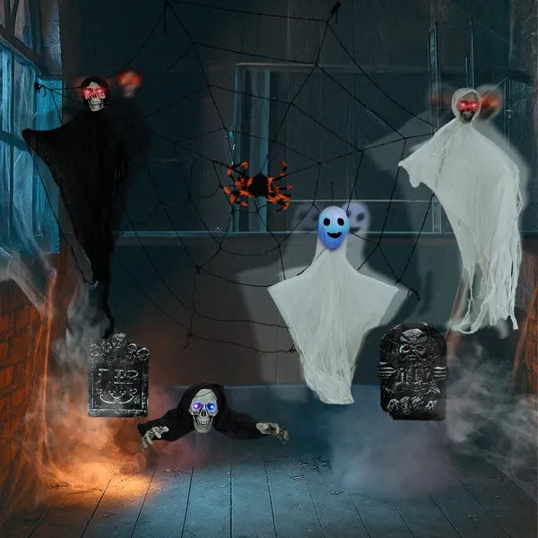 👻 Hauntique™ 8PCS Outdoor Halloween Set – Hanging Ghosts, Webs & Tombstones with LED Eyes