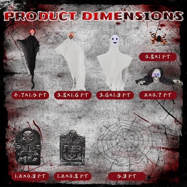 👻 Hauntique™ 8PCS Outdoor Halloween Set – Hanging Ghosts, Webs & Tombstones with LED Eyes