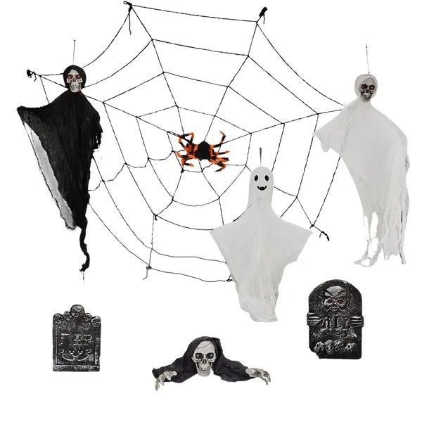 👻 Hauntique™ 8PCS Outdoor Halloween Set – Hanging Ghosts, Webs & Tombstones with LED Eyes