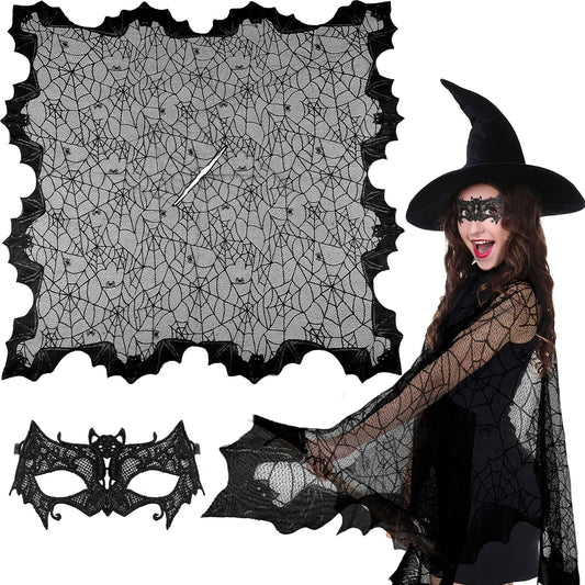 2PCS Halloween Poncho for Women – Black Bat & Spider Web Cape with Lace Masquerade Mask | Hauntique™
